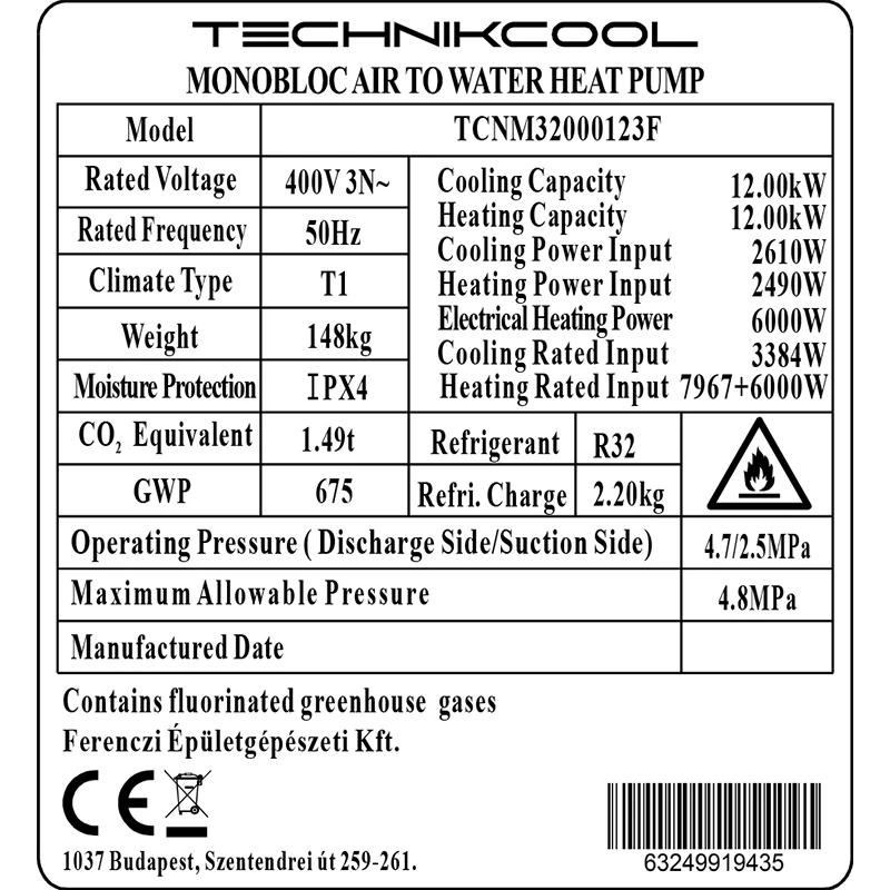 Technik Cool PRO monoblokkos levegő-víz hőszivattyú, 12 kW, 3 fázisú, 400 V