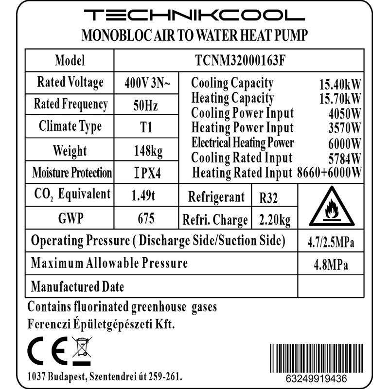 Technik Cool PRO monoblokkos levegő-víz hőszivattyú, 16 kW, 3 fázisú, 400 V