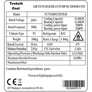 Technik Cool PRO split levegő-víz hőszivattyú, 12 kW, 1 fázisú, 230 V
