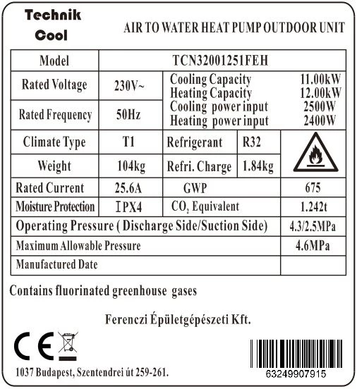 Technik Cool PRO split levegő-víz hőszivattyú, 12 kW, 1 fázisú, 230 V