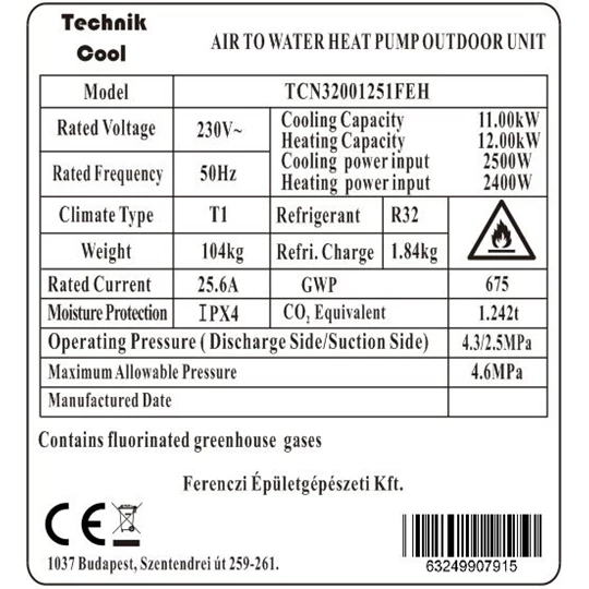 Technik Cool PRO split levegő-víz hőszivattyú, 12 kW, 1 fázisú, 230 V