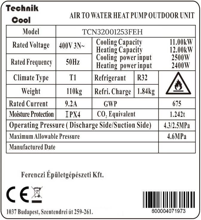 Technik Cool PRO split levegő-víz hőszivattyú, 12 kW, 3 fázisú, 400 V