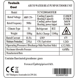 Technik Cool PRO split levegő-víz hőszivattyú, 16 kW, 3 fázisú, 400 V