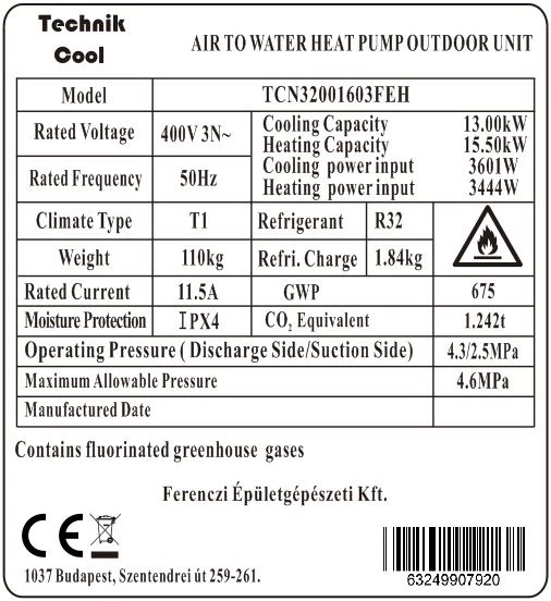 Technik Cool PRO split levegő-víz hőszivattyú, 16 kW, 3 fázisú, 400 V