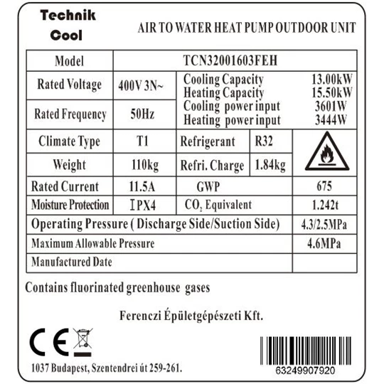 Technik Cool PRO split levegő-víz hőszivattyú, 16 kW, 3 fázisú, 400 V