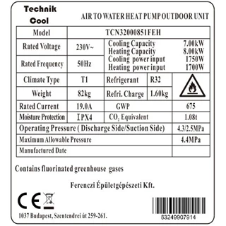 Technik Cool PRO split levegő-víz hőszivattyú,  8 kW, 1 fázisú, 230 V