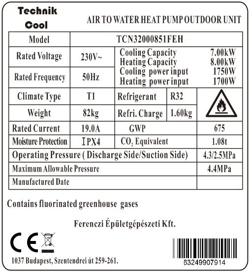 Technik Cool PRO split levegő-víz hőszivattyú,  8 kW, 1 fázisú, 230 V