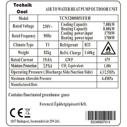 Technik Cool PRO split levegő-víz hőszivattyú,  8 kW, 1 fázisú, 230 V