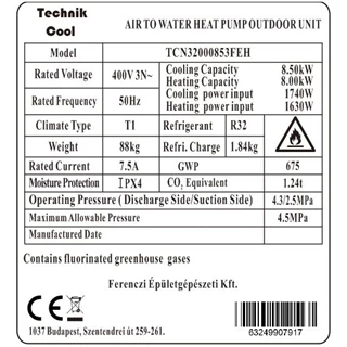 Technik Cool PRO split levegő-víz hőszivattyú,  8 kW, 3 fázisú, 400 V