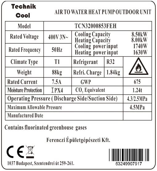 Technik Cool PRO split levegő-víz hőszivattyú,  8 kW, 3 fázisú, 400 V