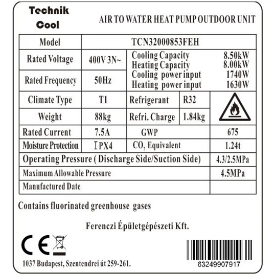 Technik Cool PRO split levegő-víz hőszivattyú,  8 kW, 3 fázisú, 400 V