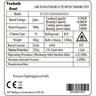 Technik Cool PRO split levegő-víz hőszivattyú beépített 185 literes HMV tárolóval, 10 kW, 1 fázisú, 230 V