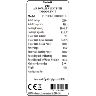 Technik Cool PRO split levegő-víz hőszivattyú beépített 185 literes HMV tárolóval, 10 kW, 1 fázisú, 230 V