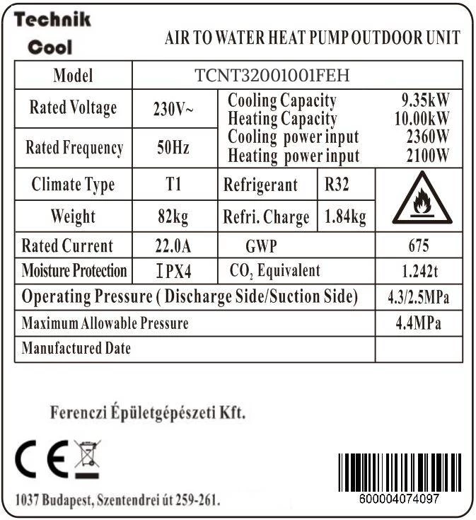 Technik Cool PRO split levegő-víz hőszivattyú beépített 185 literes HMV tárolóval, 10 kW, 1 fázisú, 230 V