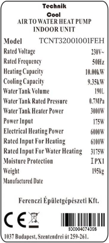 Technik Cool PRO split levegő-víz hőszivattyú beépített 185 literes HMV tárolóval, 10 kW, 1 fázisú, 230 V