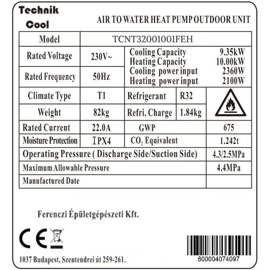 Technik Cool PRO split levegő-víz hőszivattyú beépített 185 literes HMV tárolóval, 10 kW, 1 fázisú, 230 V