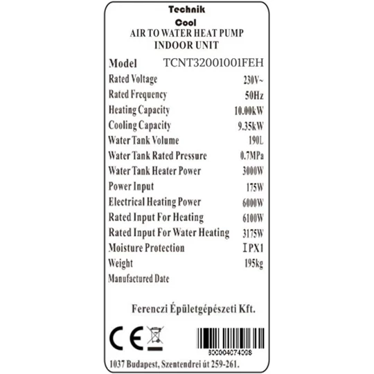 Technik Cool PRO split levegő-víz hőszivattyú beépített 185 literes HMV tárolóval, 10 kW, 1 fázisú, 230 V