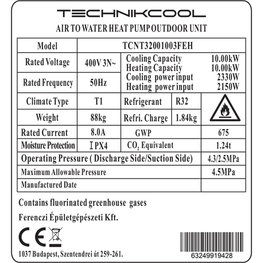 Technik Cool PRO split levegő-víz hőszivattyú beépített 185 literes HMV tárolóval, 10 kW, 3 fázisú, 400 V