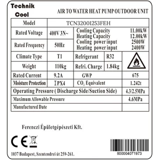 Technik Cool PRO split levegő-víz hőszivattyú beépített 185 literes HMV tárolóval, 12 kW, 3 fázisú, 400 V
