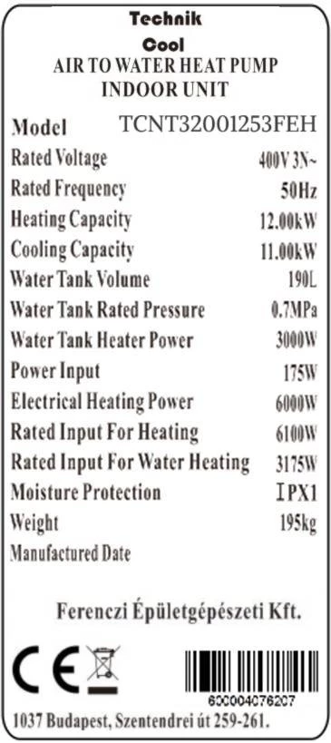Technik Cool PRO split levegő-víz hőszivattyú beépített 185 literes HMV tárolóval, 12 kW, 3 fázisú, 400 V