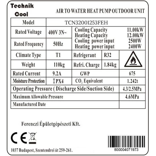 Technik Cool PRO split levegő-víz hőszivattyú beépített 185 literes HMV tárolóval, 12 kW, 3 fázisú, 400 V