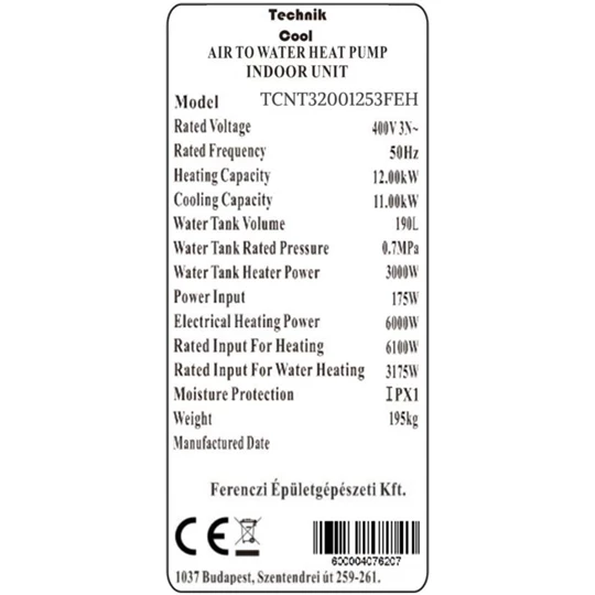 Technik Cool PRO split levegő-víz hőszivattyú beépített 185 literes HMV tárolóval, 12 kW, 3 fázisú, 400 V