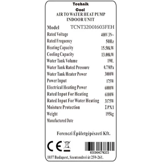 Technik Cool PRO split levegő-víz hőszivattyú beépített 185 literes HMV tárolóval, 16 kW, 3 fázisú, 400 V