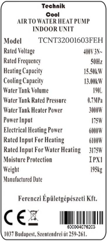 Technik Cool PRO split levegő-víz hőszivattyú beépített 185 literes HMV tárolóval, 16 kW, 3 fázisú, 400 V