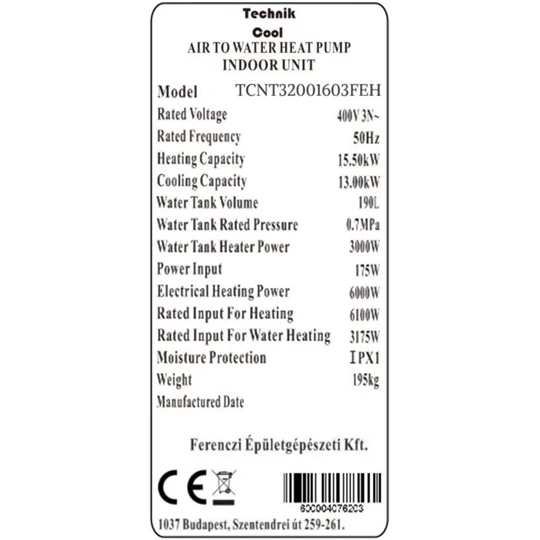 Technik Cool PRO split levegő-víz hőszivattyú beépített 185 literes HMV tárolóval, 16 kW, 3 fázisú, 400 V