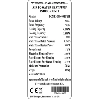Technik Cool PRO split levegő-víz hőszivattyú beépített 185 literes HMV tárolóval, 6 kW, 1 fázisú, 230 V