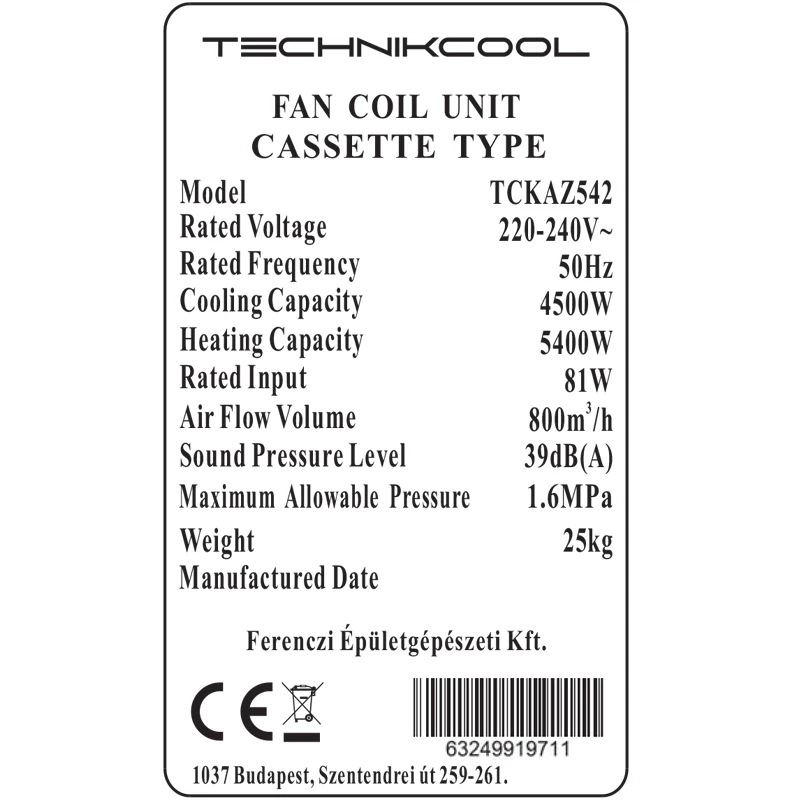 Technik Cool fan coil berendezés, egy kazettás 4-utas kétcsöves kivitel, 4,5 / 5,4 kW (hűtés/fűtés)