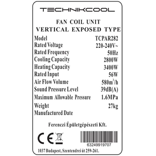 Technik Cool fan coil berendezés, konzolos vagy lábon álló parapet kétcsöves kivitel, 2,6 / 2,6 kW (hűtés/fűtés)