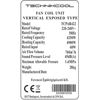 Technik Cool fan coil berendezés, konzolos vagy lábon álló parapet kétcsöves kivitel, 4,2 / 4,2 kW (hűtés/fűtés)