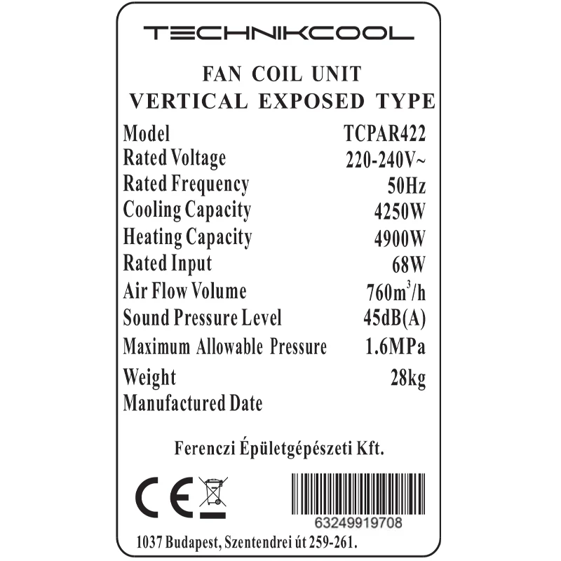 Technik Cool fan coil berendezés, konzolos vagy lábon álló parapet kétcsöves kivitel, 4,2 / 4,2 kW (hűtés/fűtés)