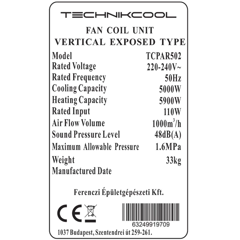 Technik Cool fan coil berendezés, konzolos vagy lábon álló parapet kétcsöves kivitel, 5,2 / 5,2 kW (hűtés/fűtés)
