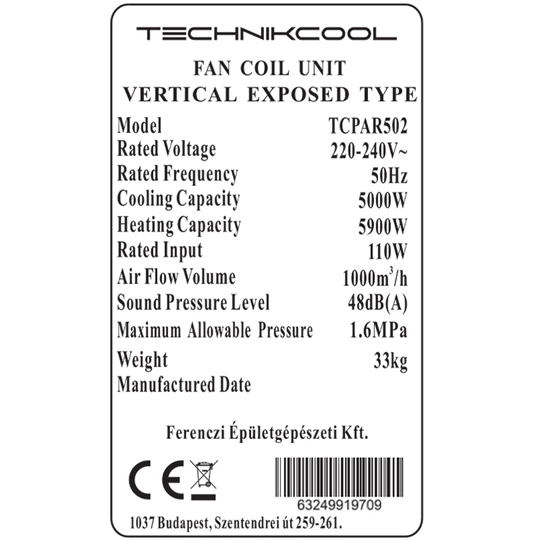 Technik Cool fan coil berendezés, konzolos vagy lábon álló parapet kétcsöves kivitel, 5,2 / 5,2 kW (hűtés/fűtés)