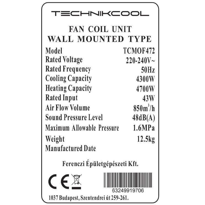 Technik Cool fan coil berendezés, magasoldalfali kétcsöves kivitel, 4,0 / 4,5 kW (hűtés/fűtés)