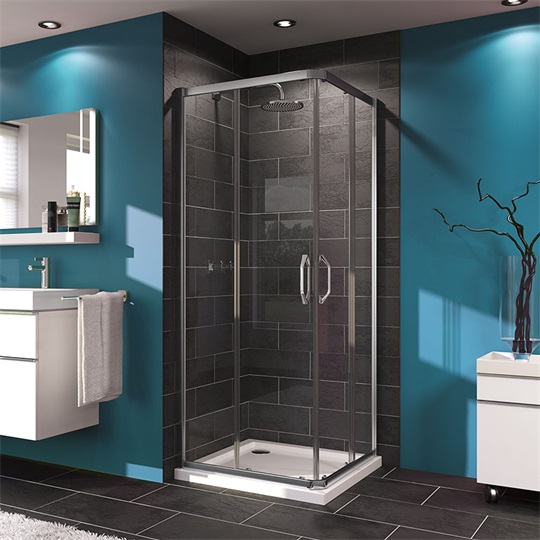 Technik Sanitary X1(Hüppe) sarokbelépős, szögletes tolóajtós zuhanykabin, fényes ezüst szerelvények, 885-910x1900mm