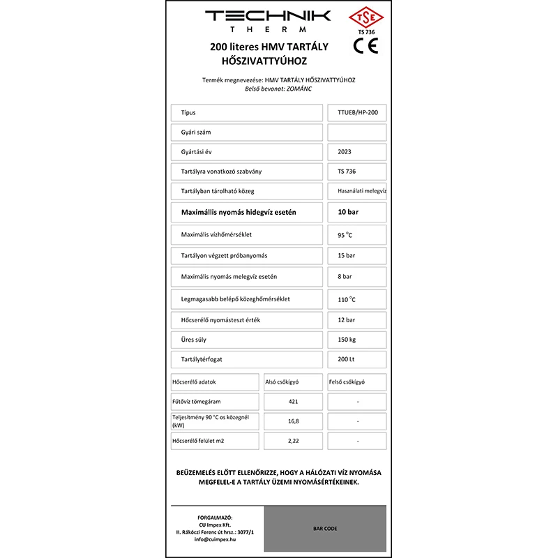 Technik Therm indirekt HMV tároló, növelt hőcserélővel, HP-200, 200 l , névleges térfogat 179 l, 2,22m2, 61*133, 150 kg