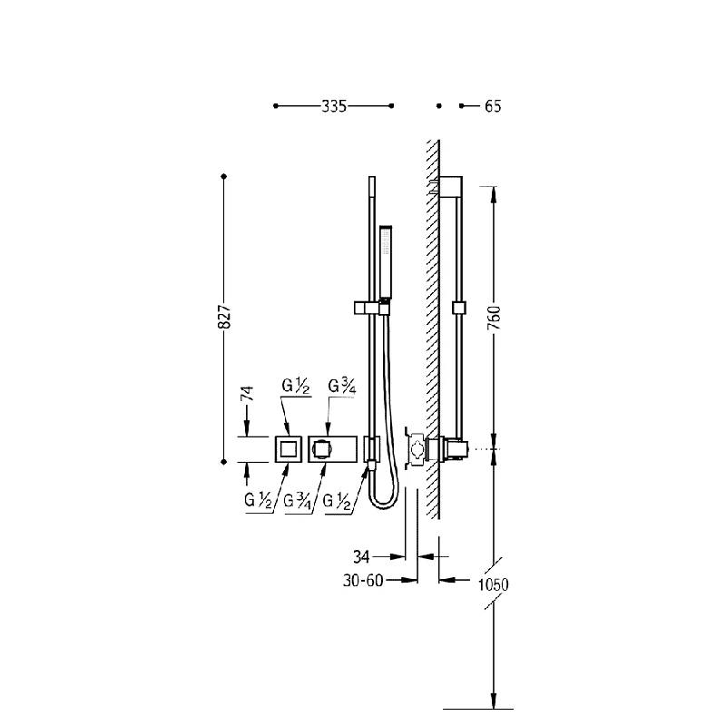 Tres Exclusive falon belüli termosztátos, 2 utas zuhanyrendszer, 760mm-es fali csatlakozós zuhanyrúddal, króm szín