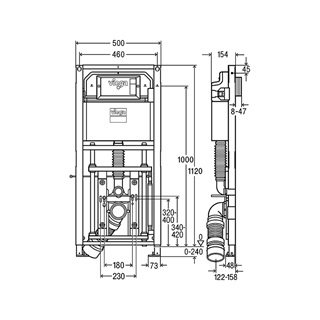 Viega Prevista Dry WC szerelőelem, építési magasság: 1120 mm, áll. (340-420 mm) kerámiamagasság, gombnyomásra