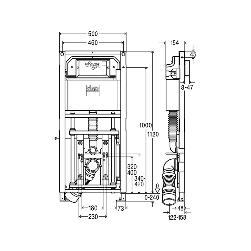 Viega Prevista Dry WC szerelőelem, építési magasság: 1120 mm, áll. (340-420 mm) kerámiamagasság, gombnyomásra