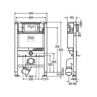 Viega Prevista Dry WC szerelőelem, építési magasság: 820 mm, fix (330 mm) kerámiamagasság, zuhany-WC csatlakozó