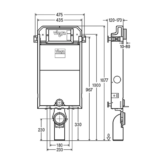 Viega Prevista Pure WC-blokk, építési magasság: 1077 mm, fix (330 mm) kerámiamagasság, be- és körbefalazható