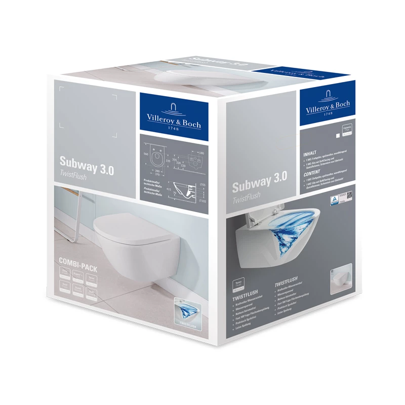 Villeroy Subway 3.0 Kombipack falra szerelhető, TwistFlush, Ovális, mélyöblítésű WC csésze TwistFlush 4670 T0 XX