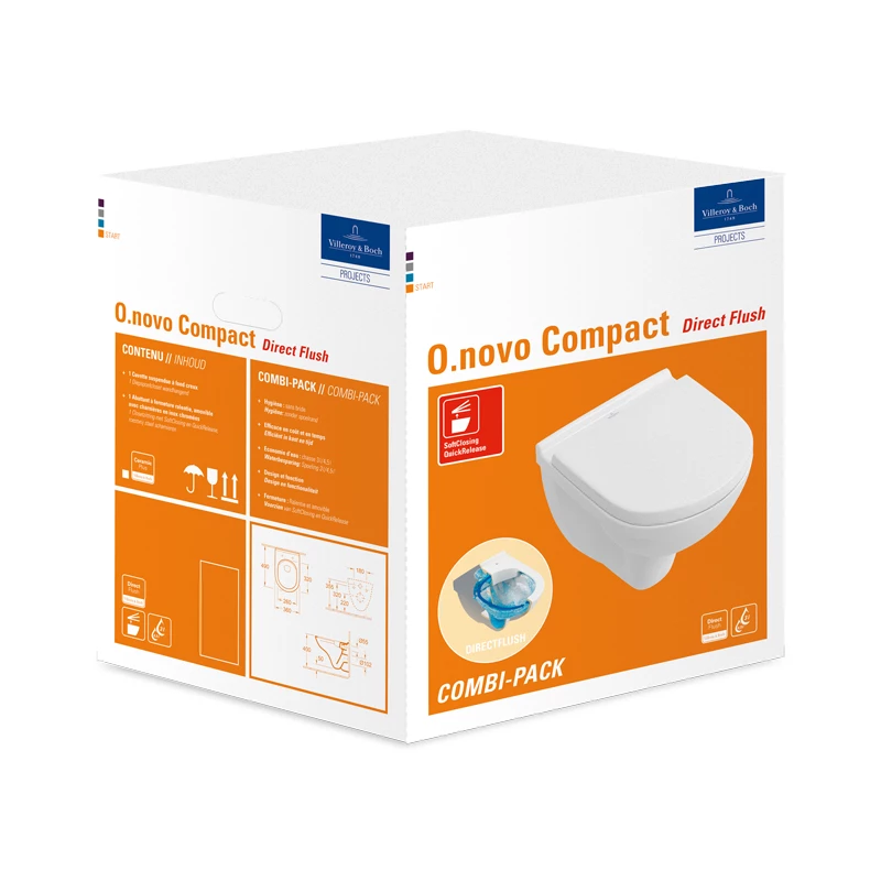 Villeroy O.Novo kompakt kombipack wc csésze ülő gyűrű nélkül,mélyöblítésű,Soft Close ülőke,360x490 mm