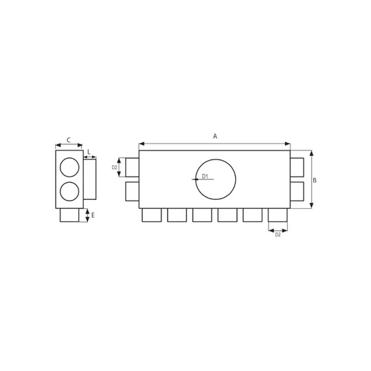 WIBA szellőzéstechnikai osztódoboz, sugaras, lapos 10 x O 75 mm / 200 mm felső csonkkal