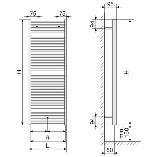 Zehnder Aura törölközőszárító radiátor egyenes, fehér, 450x1469 mm