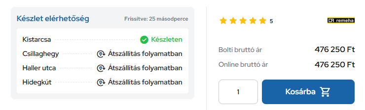 Termék mennyiségének megadása és Kosárba gomb