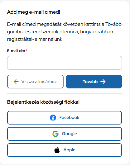E-mail cím megadása és közösségi fiókos bejelentkezés
